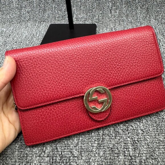 GUCCI Interlocking Wallet On Chain Red Leather Shoulder Bag 499-080725 - Picture 3 of 14